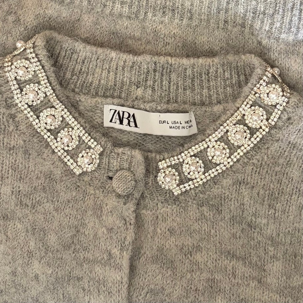 ZARA Jewel Embellished Gray Cropped Cardigan Sweater Knitwear Jewelled Large - Picture 11 of 16